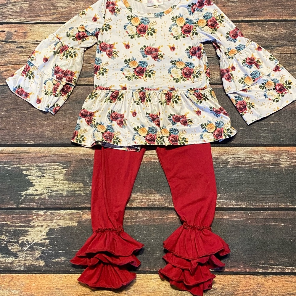 Floral Clover Cottage Baby Botique Bell Sleeve Top and Red Ruffle Pants Set